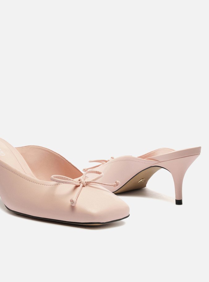 Mule Rosa Couro Salto Fino Bico Quadrado