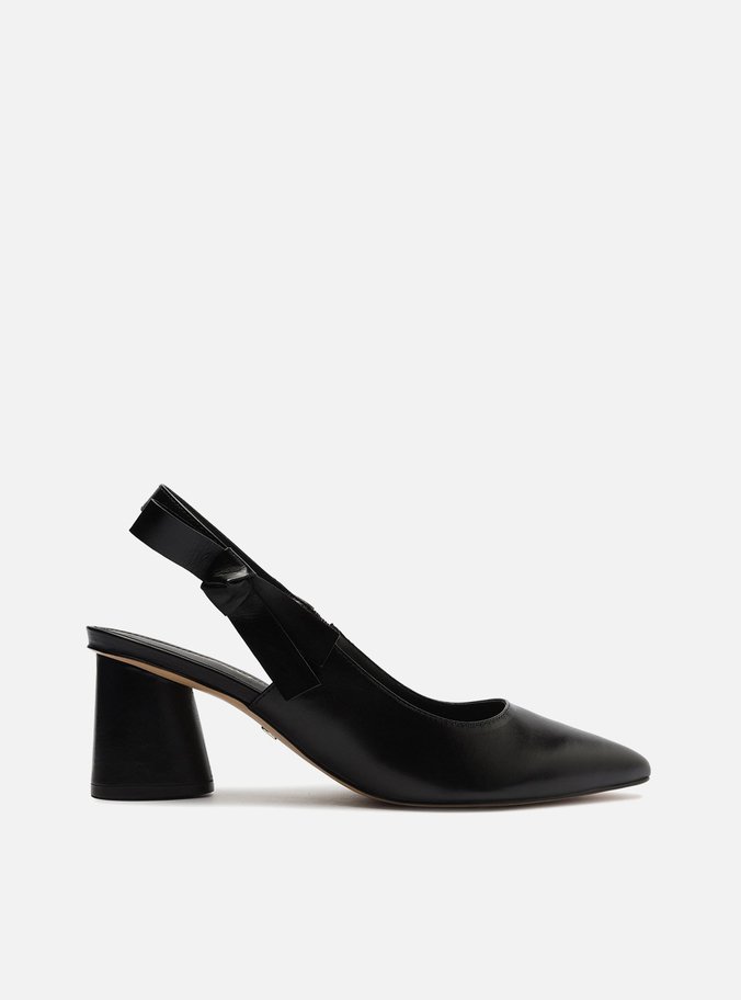Scarpin Preto Couro Bloco Slingback Laço