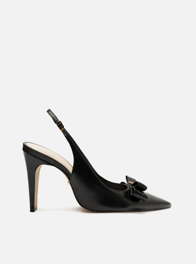 Scarpin Preto Couro Bico Fino Slingback Laço