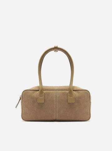 Bolsa Bowling Cinza Couro Camurça Média Alça