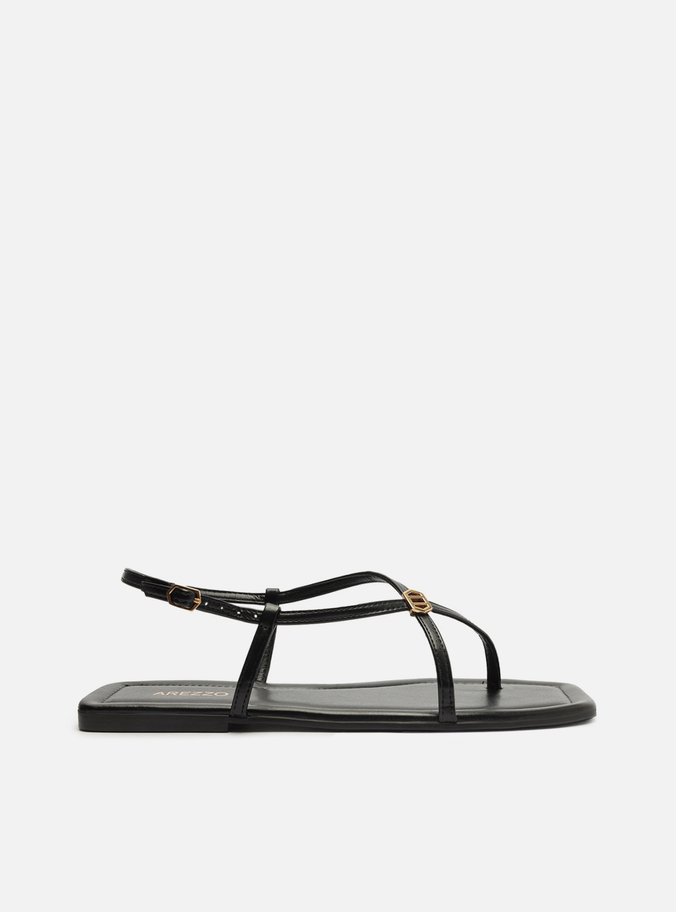 Sandália Rasteira Preta Bico Quadrado Metal