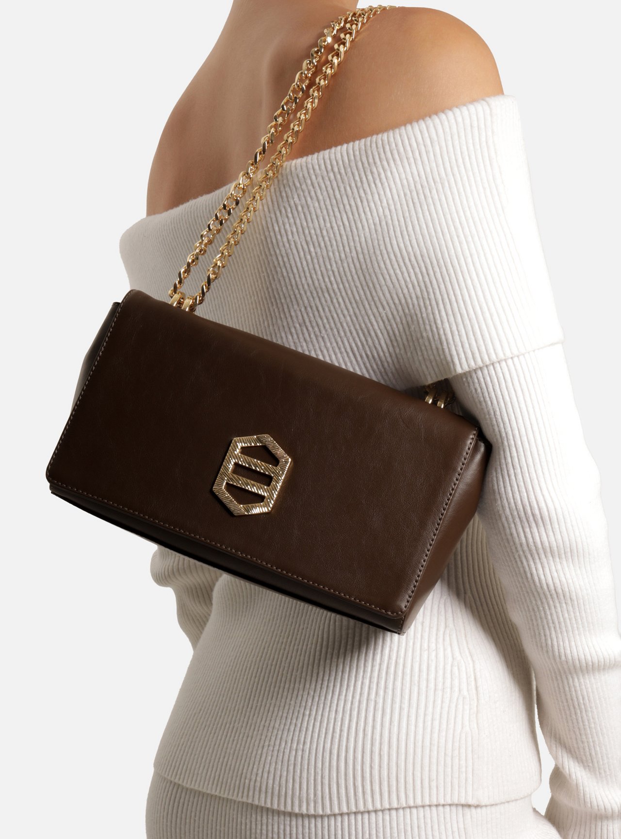 Bolsa Tiracolo Marrom Couro Média Corrente Dourada