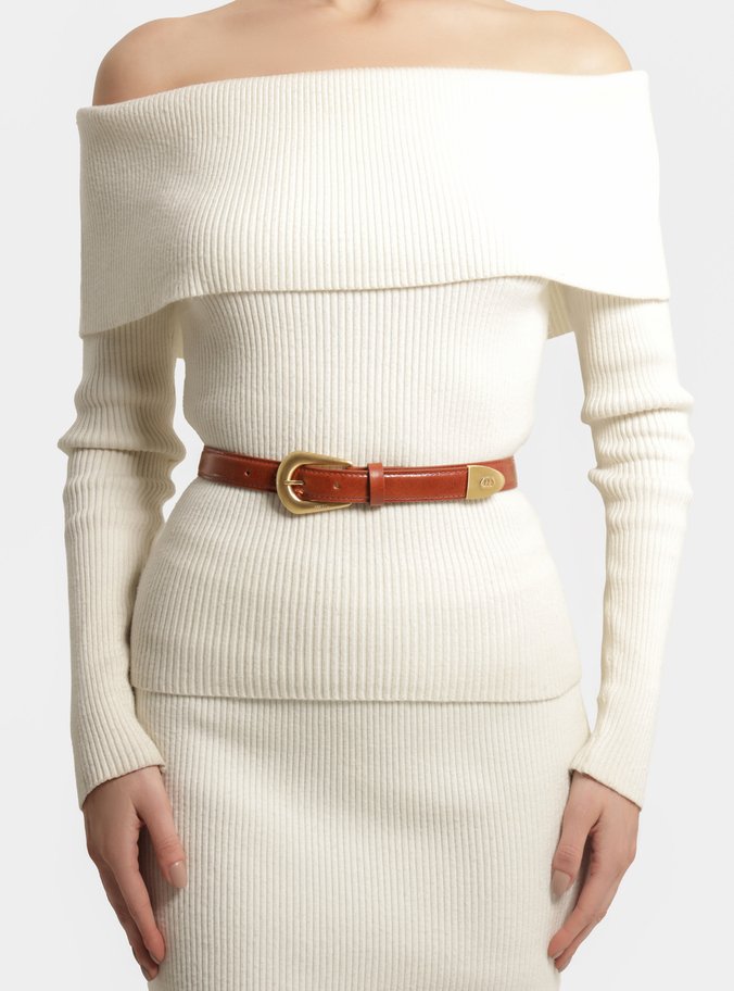 Cinto Marrom Couro Médio Fivela Escovada Ponteira