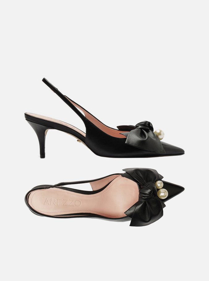 Scarpin Preto Couro Slingback Laço Pérolas