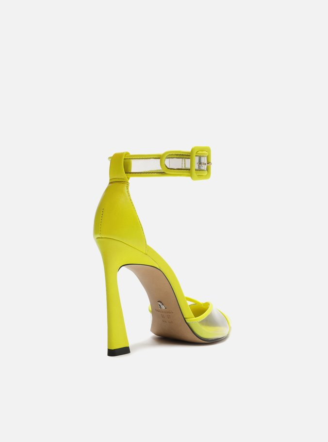Scarpin Amarelo Couro Salto Alto Bico Fino Vinil