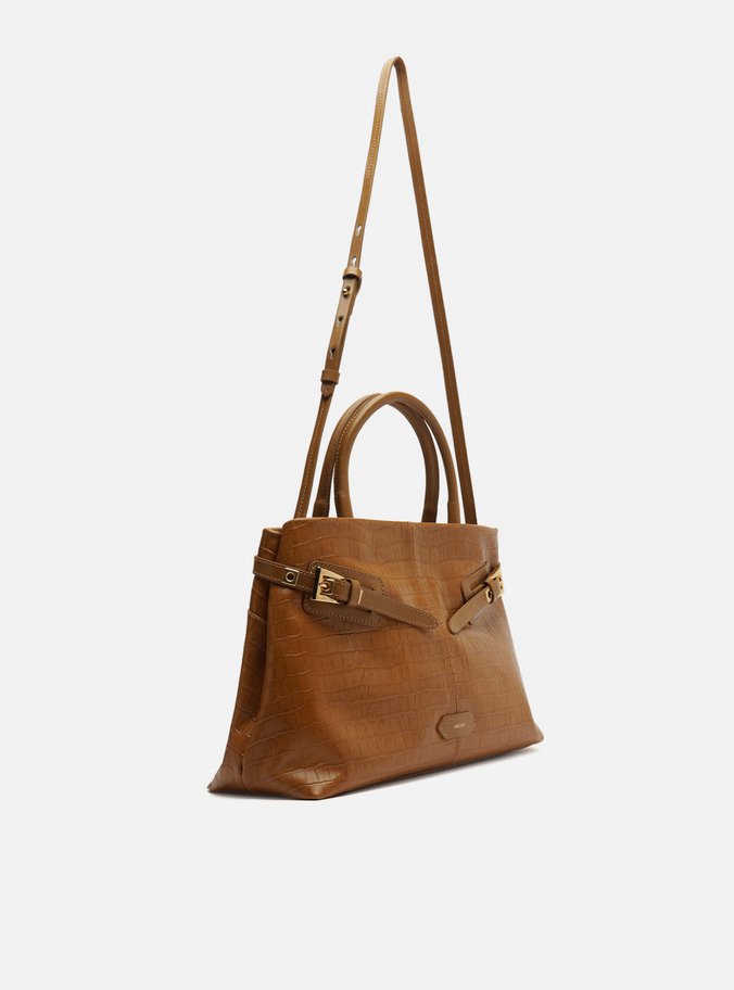 Bolsa Tote Caramelo Couro Croco Grande Fivelas