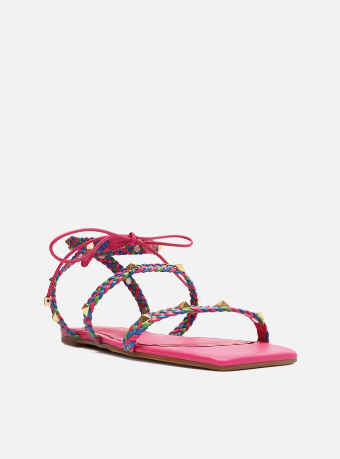 Sandália Rasteira Rosa Trançada Spikes