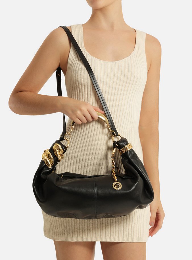 Bolsa Tiracolo Preta Couro Média Metais Leaf