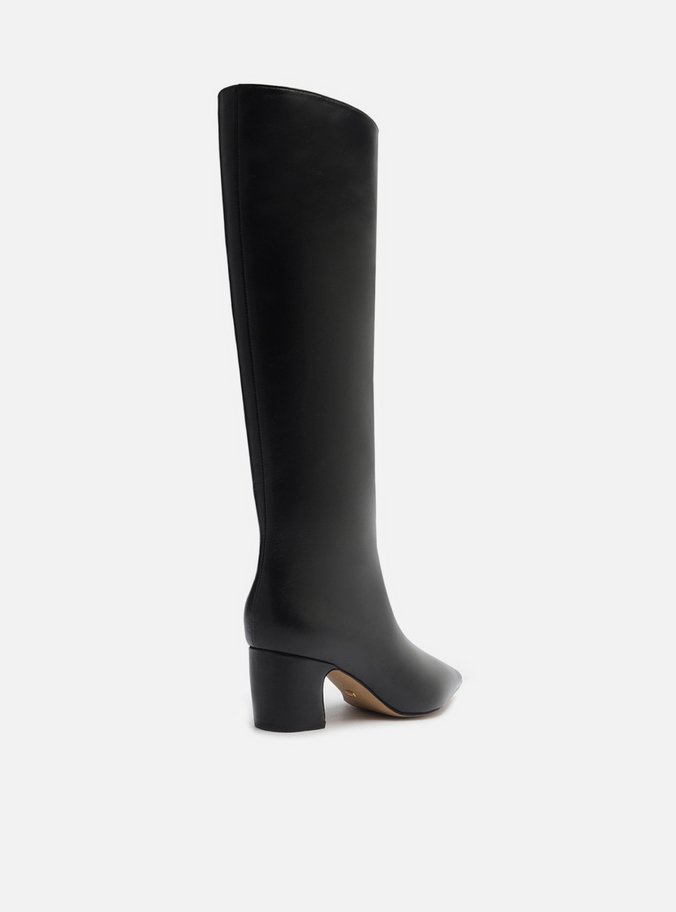 Bota Preta Couro Cano Longo Bico Fino Zíper