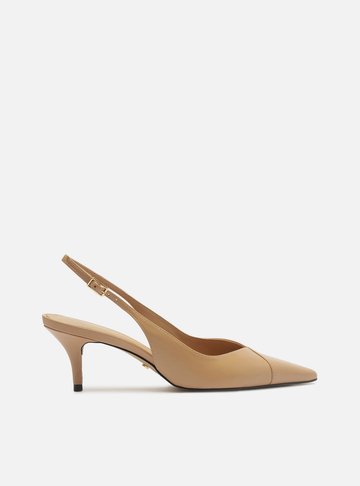 Scarpin Bege Couro Salto Kitten Slingback