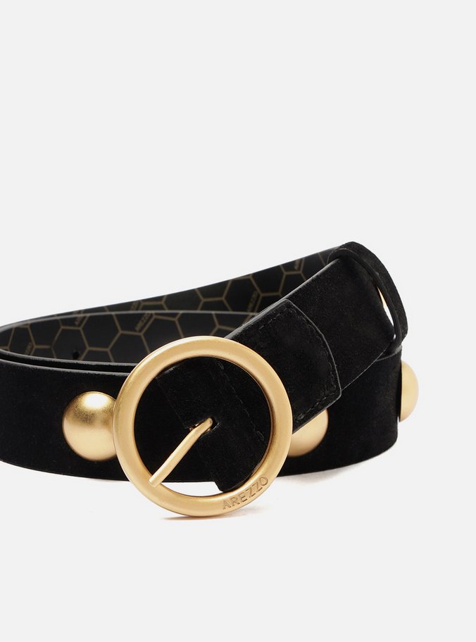 Cinto Preto Suede Fivela Redonda Metais