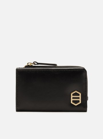 Carteira Preta Couro Grande Metal Zíper Lateral