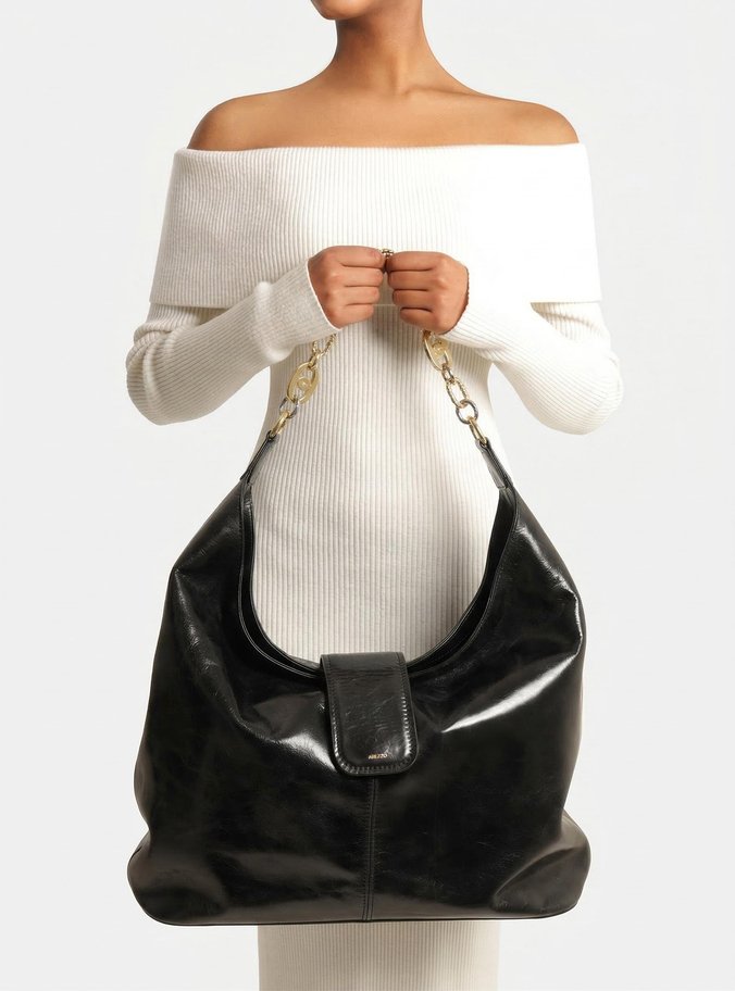 Bolsa Hobo Preta Couro Grande Corrente Elos