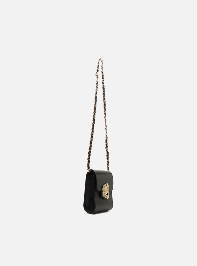 Mini Bag Preta Couro Porta-Celular Metal Flor