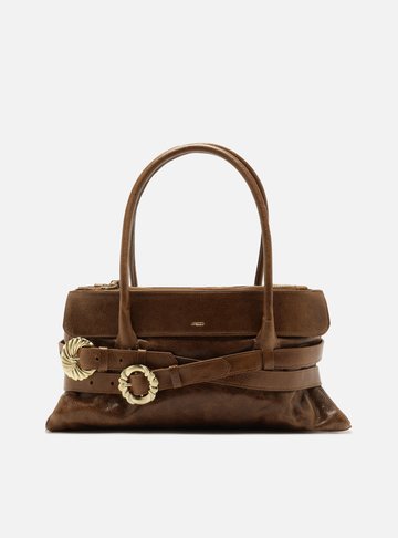 Arezzo — Bolsa Shoulder Marrom Couro Grande Fivelas Douradas