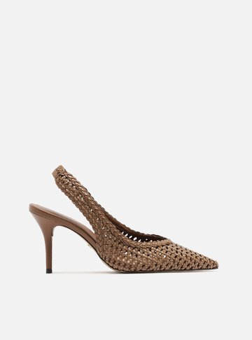 Scarpin Marrom Tressê Bico Fino Slingback