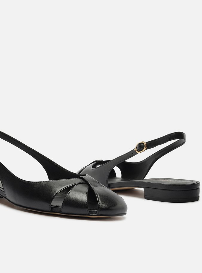 Sapatilha Preta Couro Slingback Cabedal Vazado
