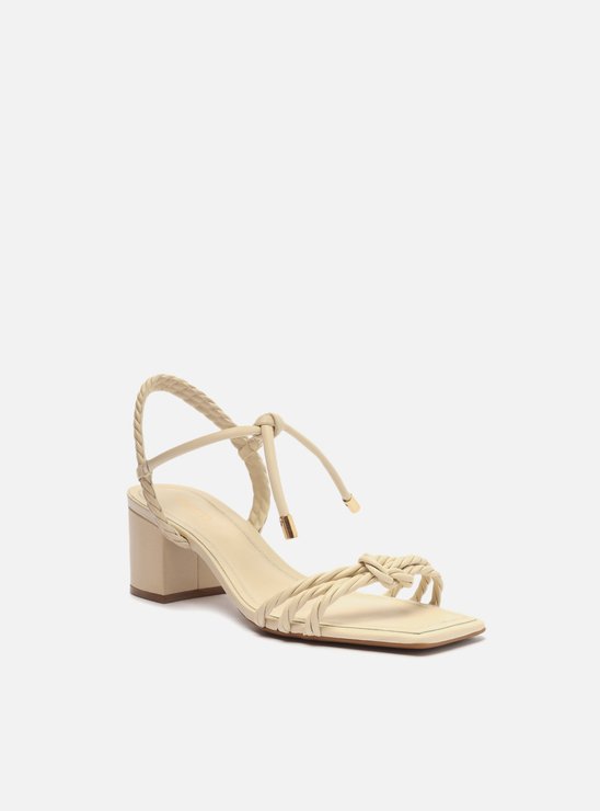 Sandália Off-White Salto Médio Bloco Tiras Torcidas