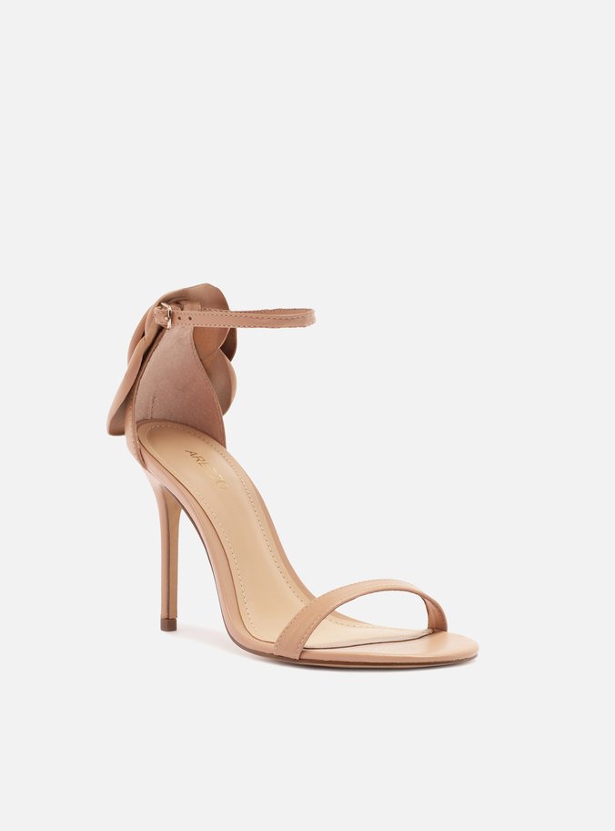 Sandália Nude Couro Salto Fino Maxi Flor