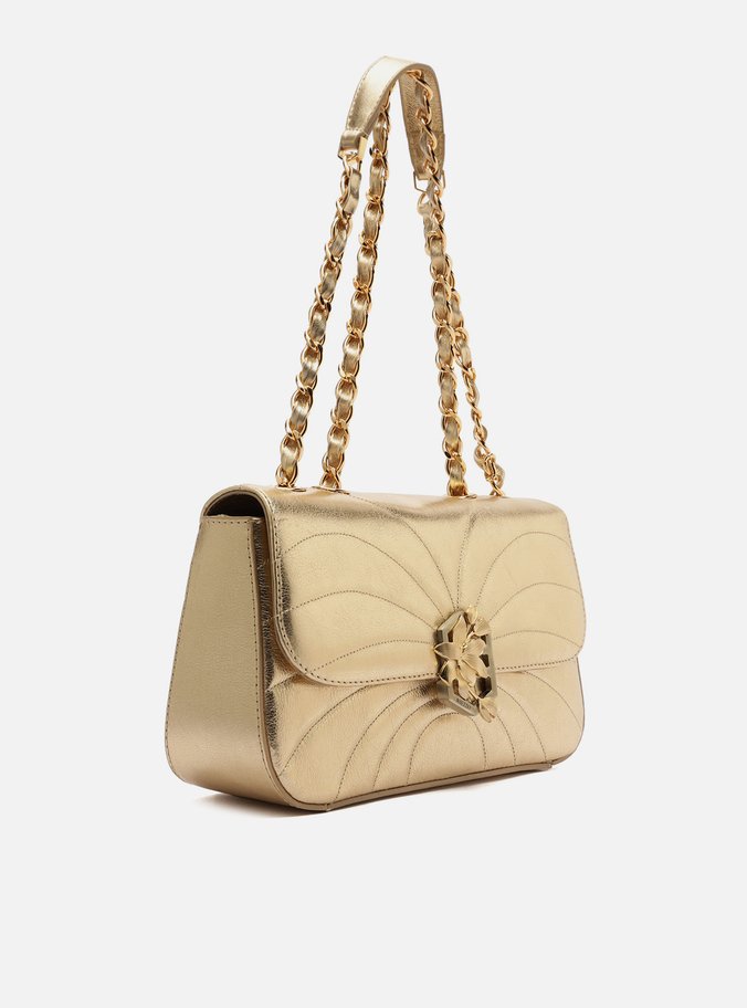 Bolsa Tiracolo Dourada Couro Média Metal Flor