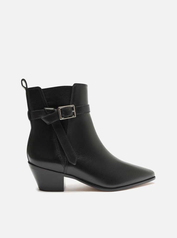 Bota Preta Couro Cano Curto Bico Fino Elástico
