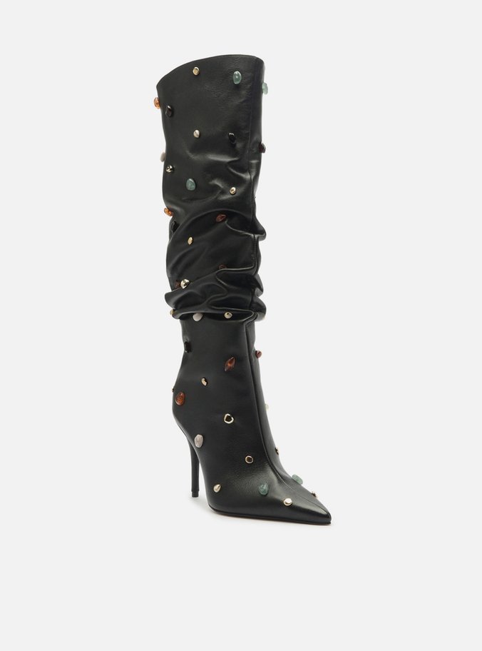 Bota Preta Couro Salto Fino Slouchy Pedras