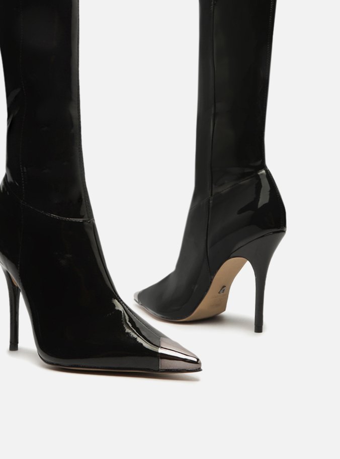 Bota Over The Knee Preta Verniz Bico Fino