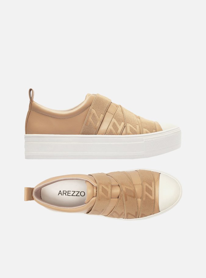 Tênis Slip On Bege Couro Flatform Elásticos