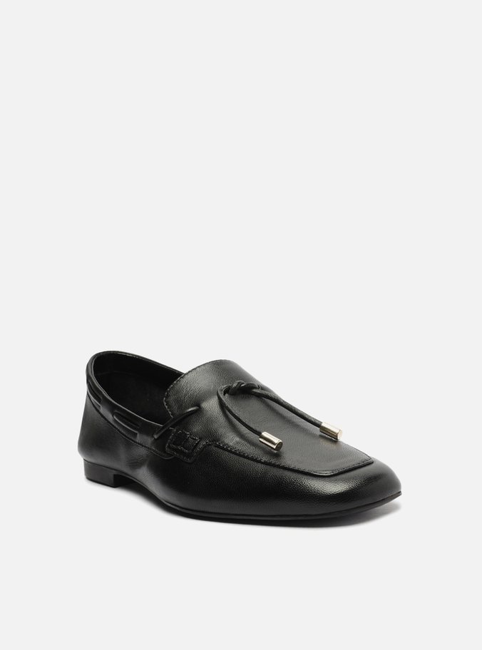 Mocassim Preto Couro Bico Quadrado Tira