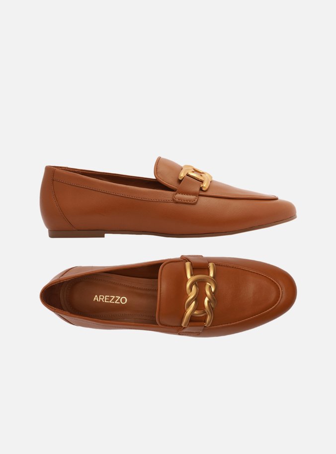 Mocassim Marrom Couro Metal Trança
