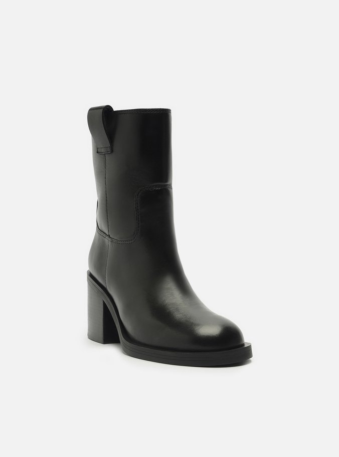 Bota Preta Couro Cano Médio Salto Bloco Tiras