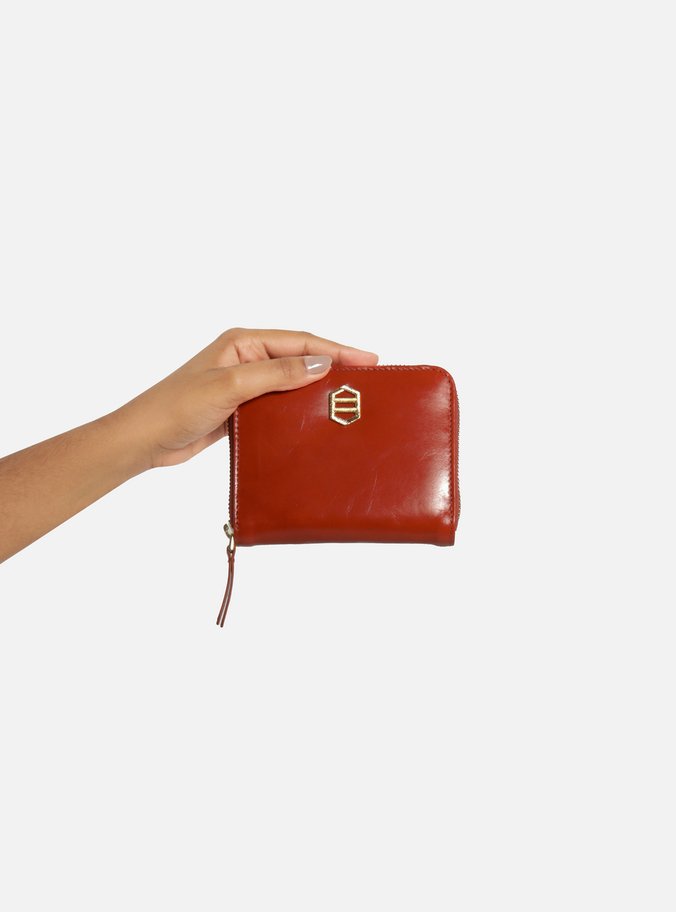 Carteira Laranja Couro Pequena Zíper Metal