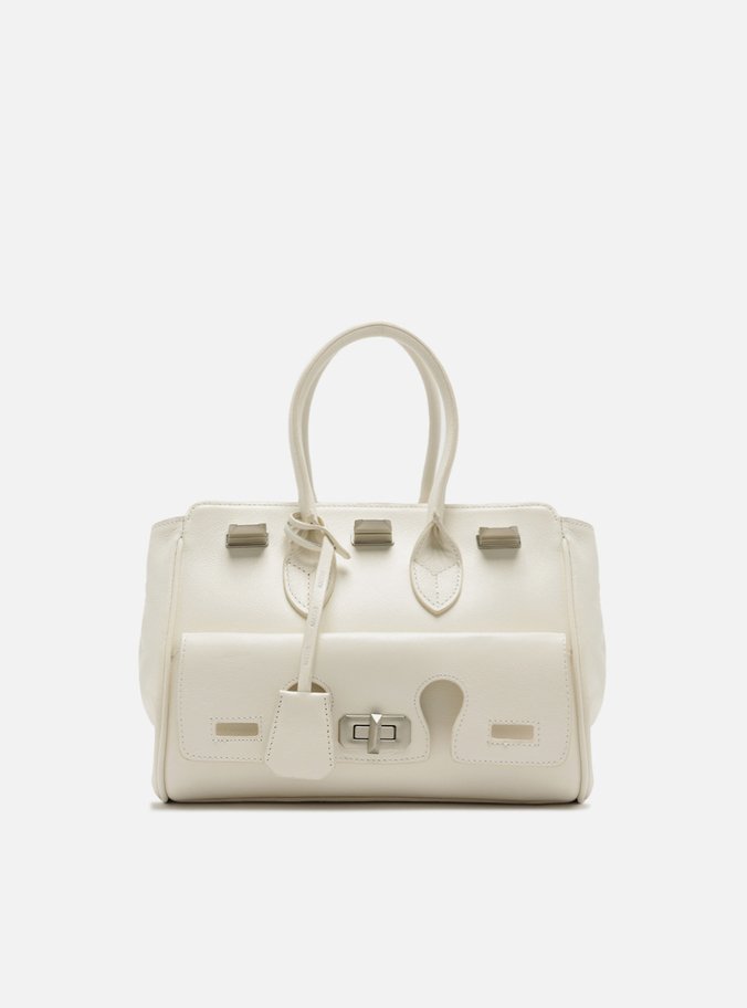 Bolsa Tote Branca Couro Média Bolso Recortes