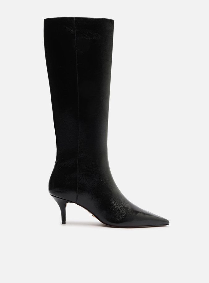 Bota Preta Couro Cano Longo Salto Kitten