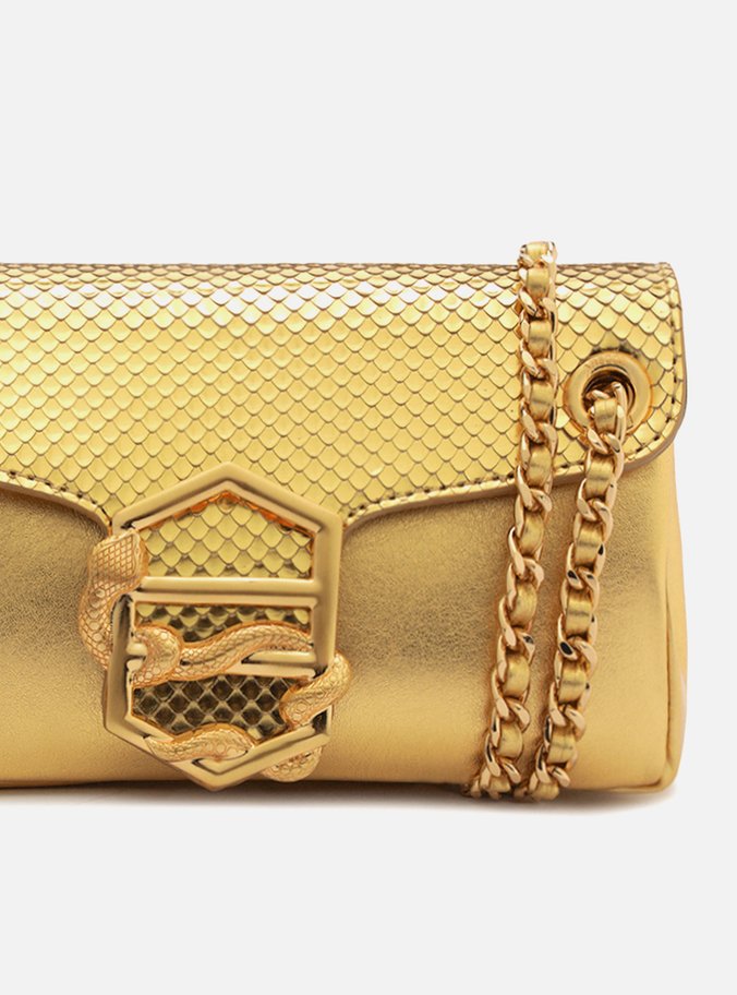 Bolsa Tiracolo Dourada Couro Snake Pequena