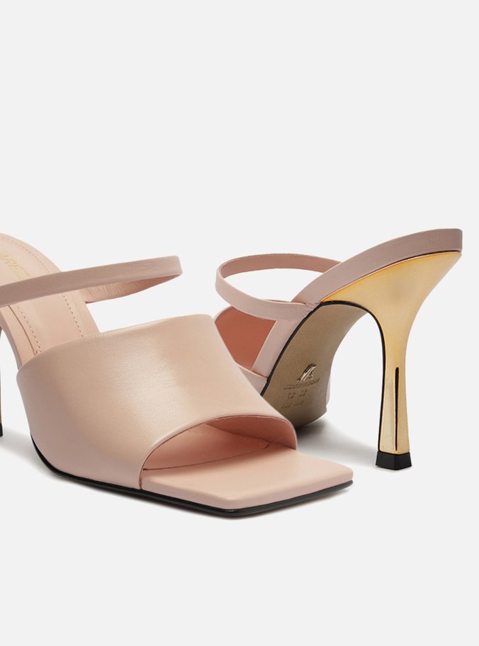 Mule Rosa Couro Salto Fino Tira Larga