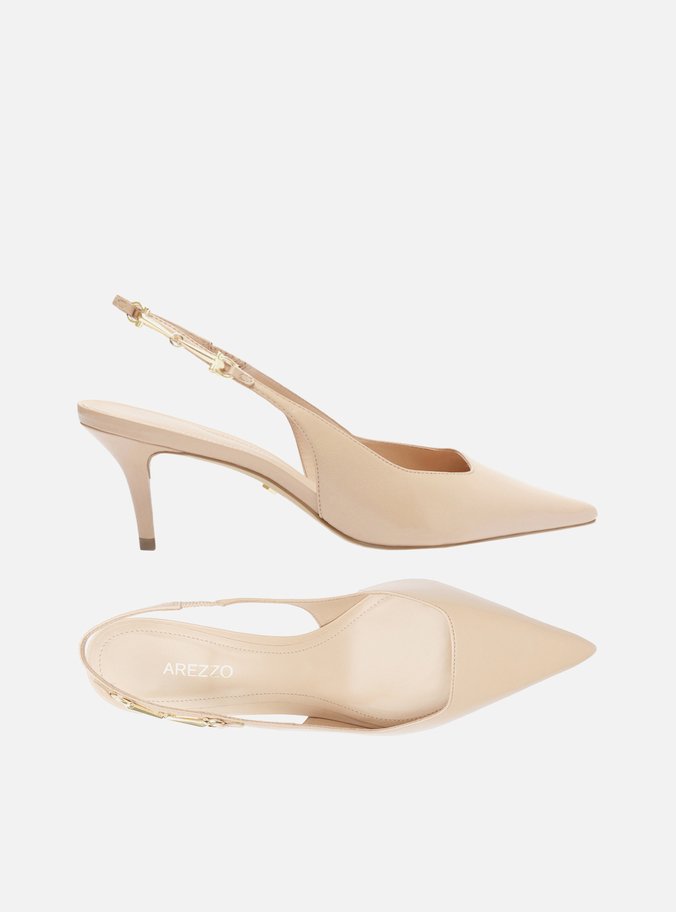 Scarpin Bege Couro Slingback Detalhe Metal