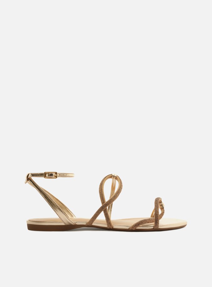 Sandália Rasteira Dourada Strass Tiras Curva