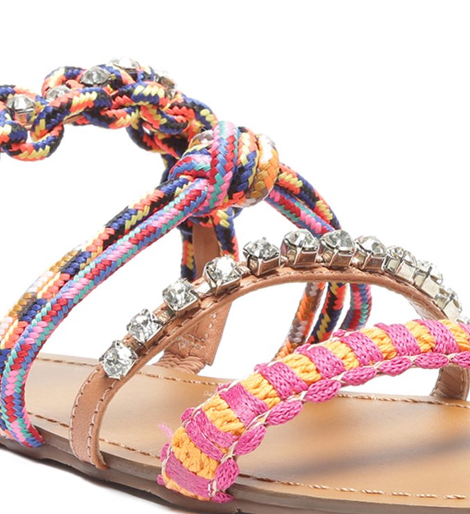 Rasteira Multicolorida Tiras Corda Pedrarias