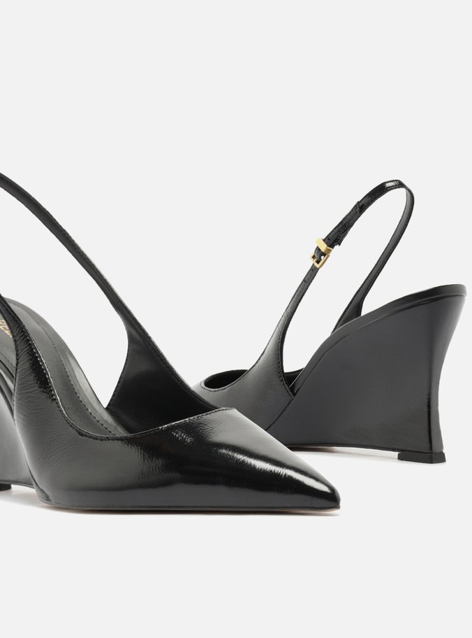 Scarpin Preto Couro Salto Anabela Slingback
