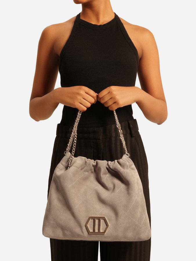 Bolsa Hobo Cinza Couro Acamurçado Esther Grande