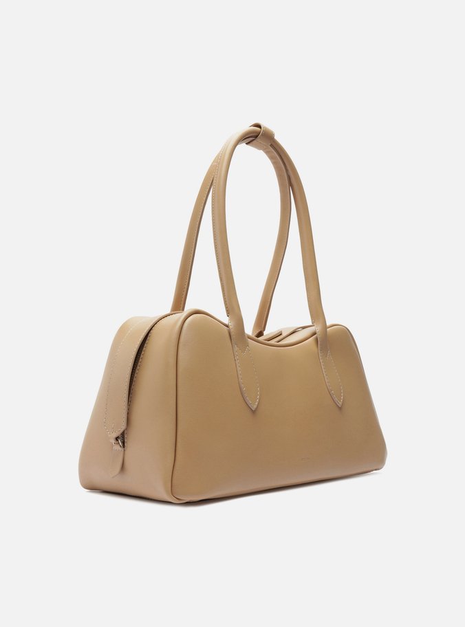 Bolsa Bowling Bege Couro Grande Zíper Duplo