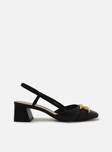 Scarpin Preto Couro Bico Quadrado Aberto Metal