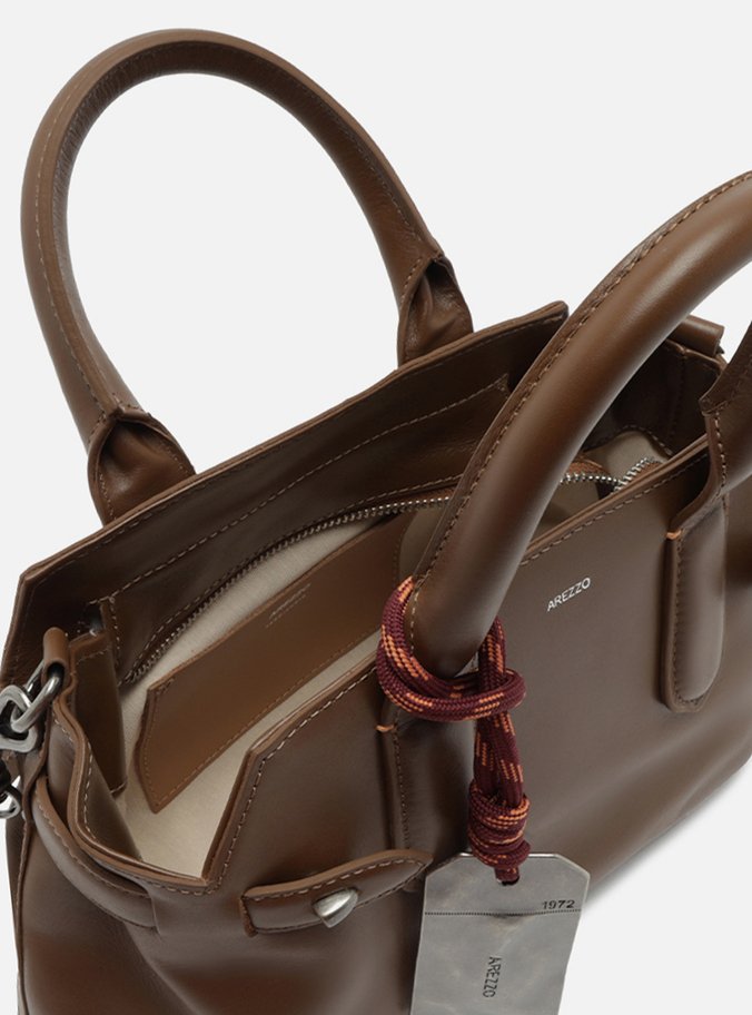 Bolsa Tote Marrom Couro Média Bag Charm Metal