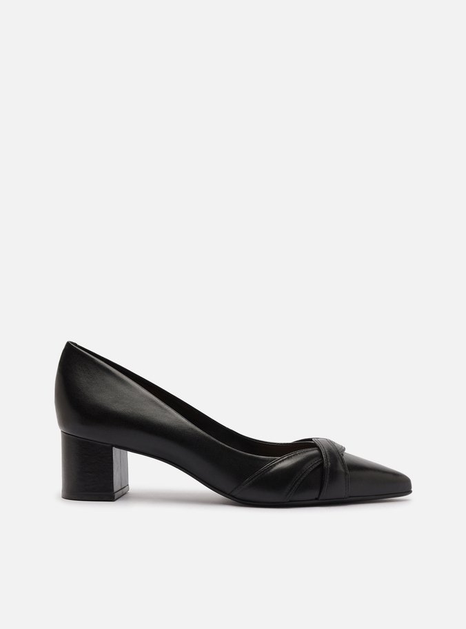 Scarpin Preto Couro Salto Bloco Baixo Tiras