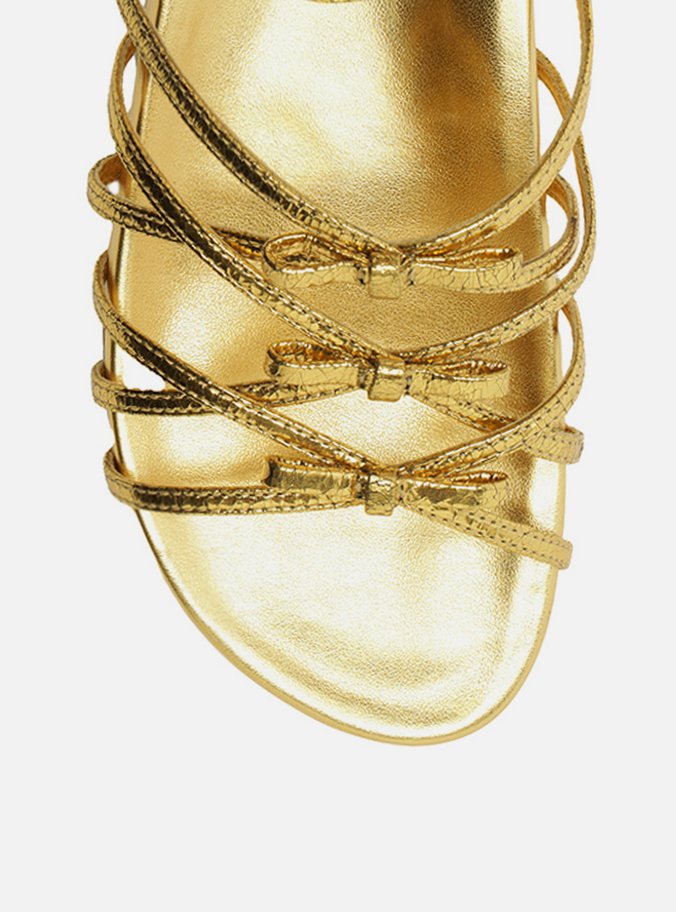 Sandália Rasteira Dourada Couro Flatform Laços