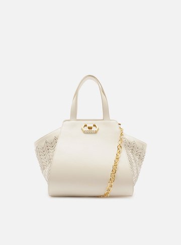 Bolsa Tote Branca Couro Média Recortes