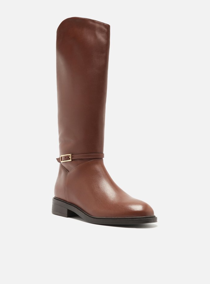 Bota Marrom Couro Cano Longo Montaria Fivela