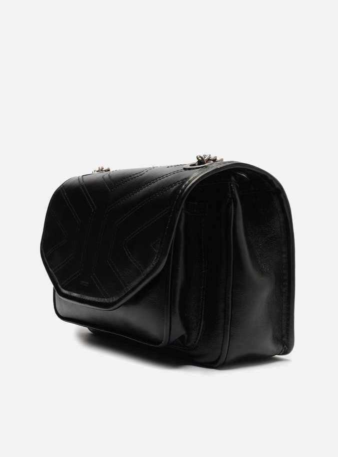 Bolsa Tiracolo Preta Couro Costuras Corrente