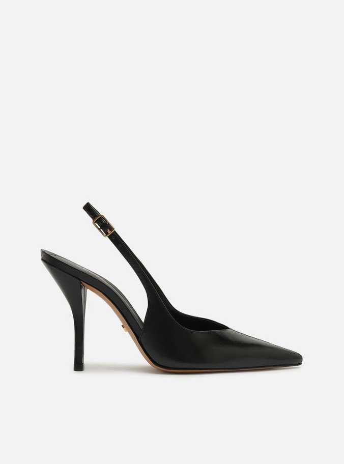 Scarpin Preto Couro Salto Alto Fino Slingback